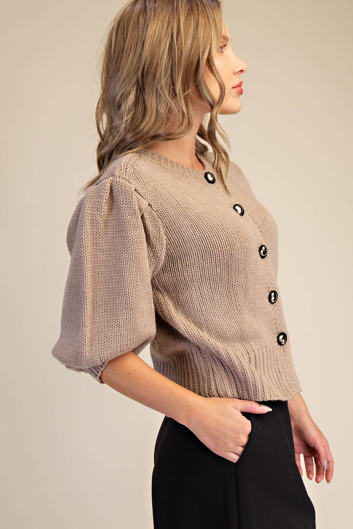 Glam - Wholesale Knit Sweater - Women's - Short Puff Sleeve Button Down Sweater17