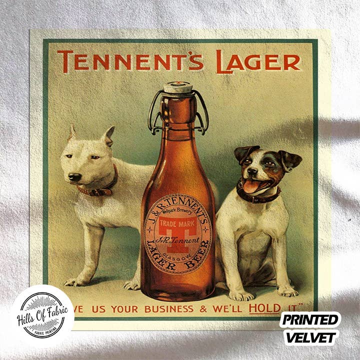 Tennents Lager 2 Dogs Bottle Beer Printed Fabric Panel for wholesale by Hills Of Fabric