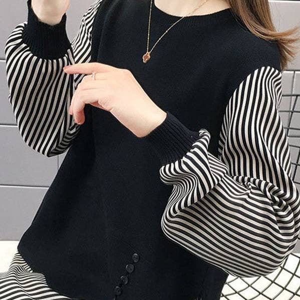 Original Loose Split-Joint 5 Colors Striped Round-Neck Long Sleeves False Two Sweater Top for wholesale by ShieldChic
