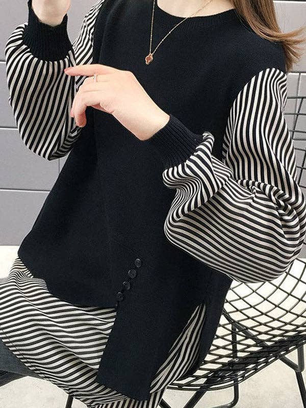 ShieldChic - Wholesale Knit Sweater - Women's - Original Loose Split-Joint 5 Colors Striped Round-Neck Long Sleeves False Two Sweater Top