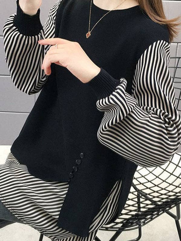 ShieldChic - Wholesale Knit Sweater - Women's - Original Loose Split-Joint 5 Colors Striped Round-Neck Long Sleeves False Two Sweater Top0