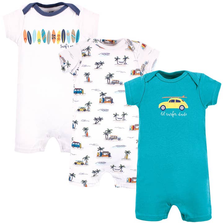 Hudson Baby Cotton Rompers, Surfer Dude for wholesale by BabyVision
