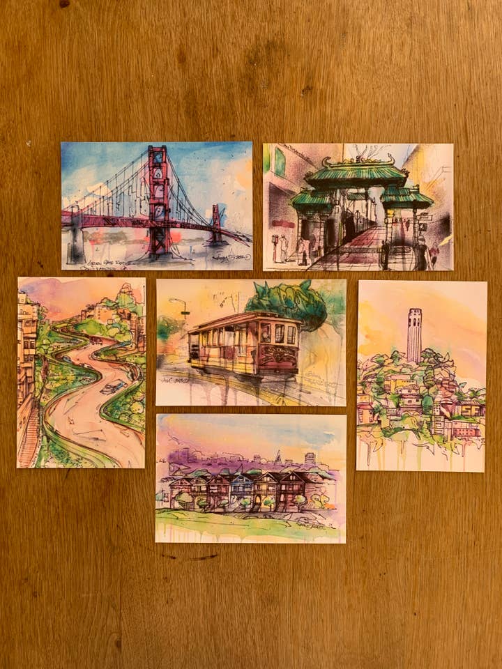 Set de postales en acuarela de San Francisco (12) de Nathan Tan para venta al por mayor de New Skool