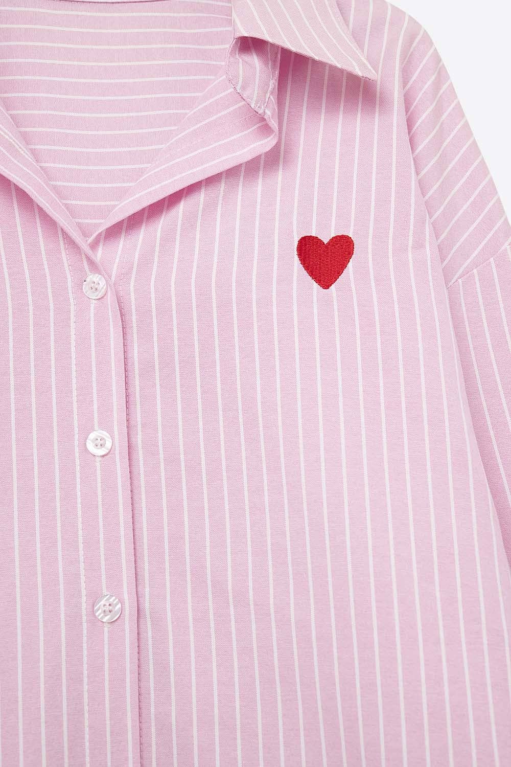 Pink Striped shirt with red heart embroidery for wholesale on Faire7