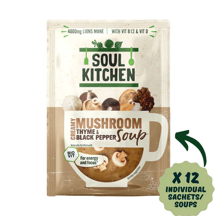 Mushroom, Thyme & Black Pepper Soup with Lion's Mane Mushroom for wholesale by Soul Kitchen Soup