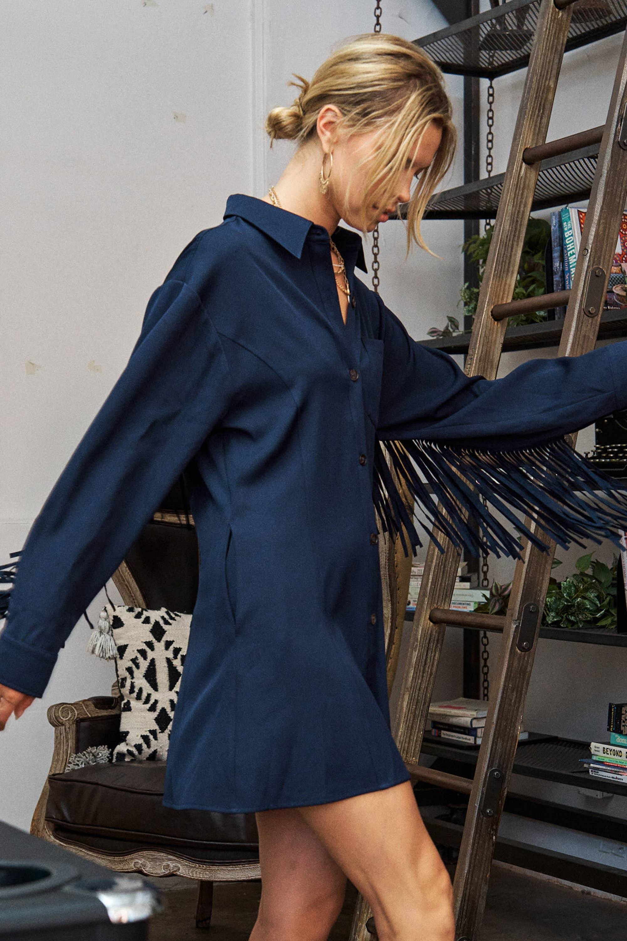 JADE BY JANE - Wholesale Dress - Women's - Western Fringe Trim Woven Shirt Dress JJD50173