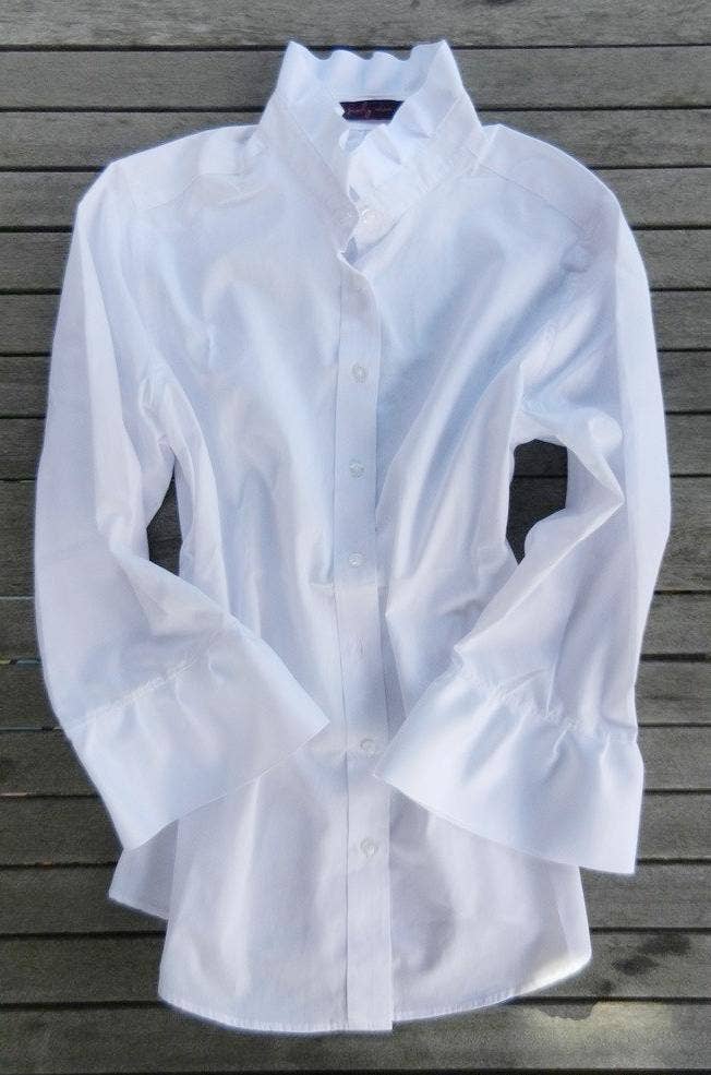 Pearly Vine - Wholesale Button Down Shirt - Women's - Barbara Ann Poplin Ribbon Trim 3/4 Sleeve - White White0