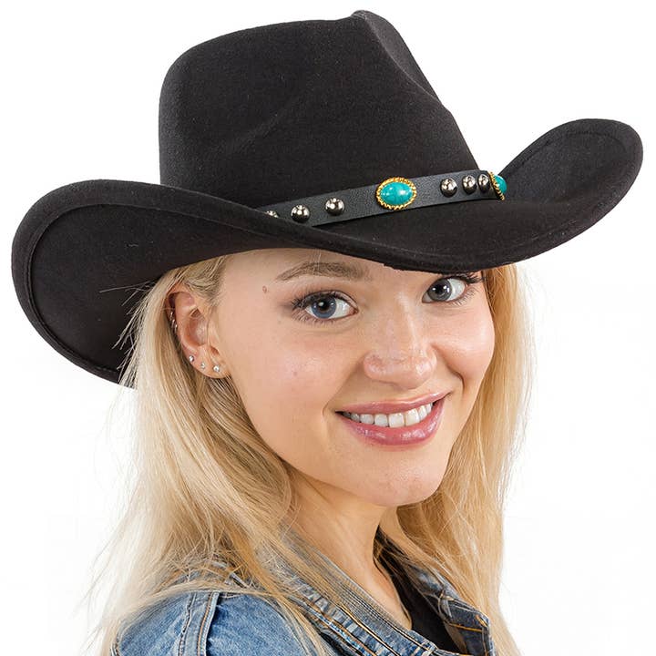 Cap Zone - Wholesale Cowboy Hat - Women's - Turquoise Studded Belt Felt Cowboy Hat