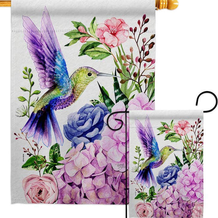 Two Group Flag Co - Vendita all'ingrosso Bandiere - Bandiera decorativa floreale con uccelli colibrì viola
