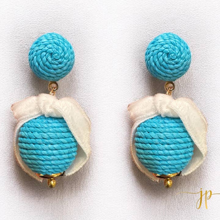 Aqua Raffia Lantern Ball Earrings with White Velvet Bows for wholesale by Jenny Patrick Designs ™