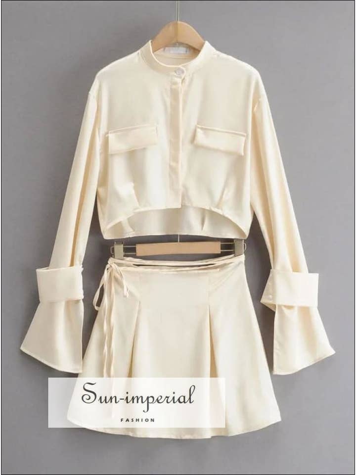Sun Imperial – wholesale Set med topp och kjol - Dam – Vit Långärmad Satin Stand krage Crop topp tröja med