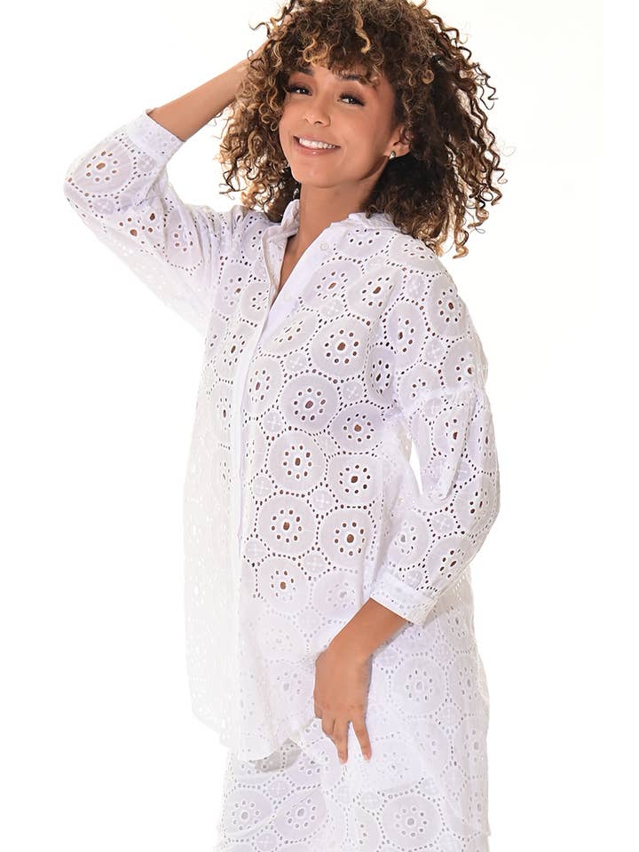 White Ladies Eyelet Cotton Blouse Boho Casual Beach Cove-LCB3116 for wholesale on Faire