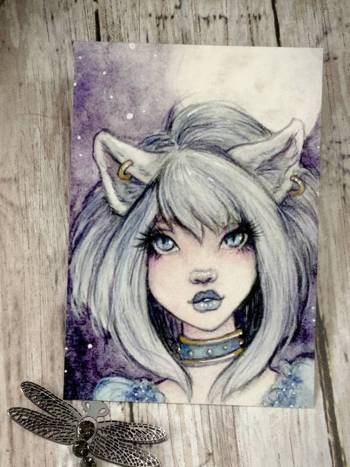 Werecat ACEO Fantasy Print for wholesale by Faeries of Glittering Glen