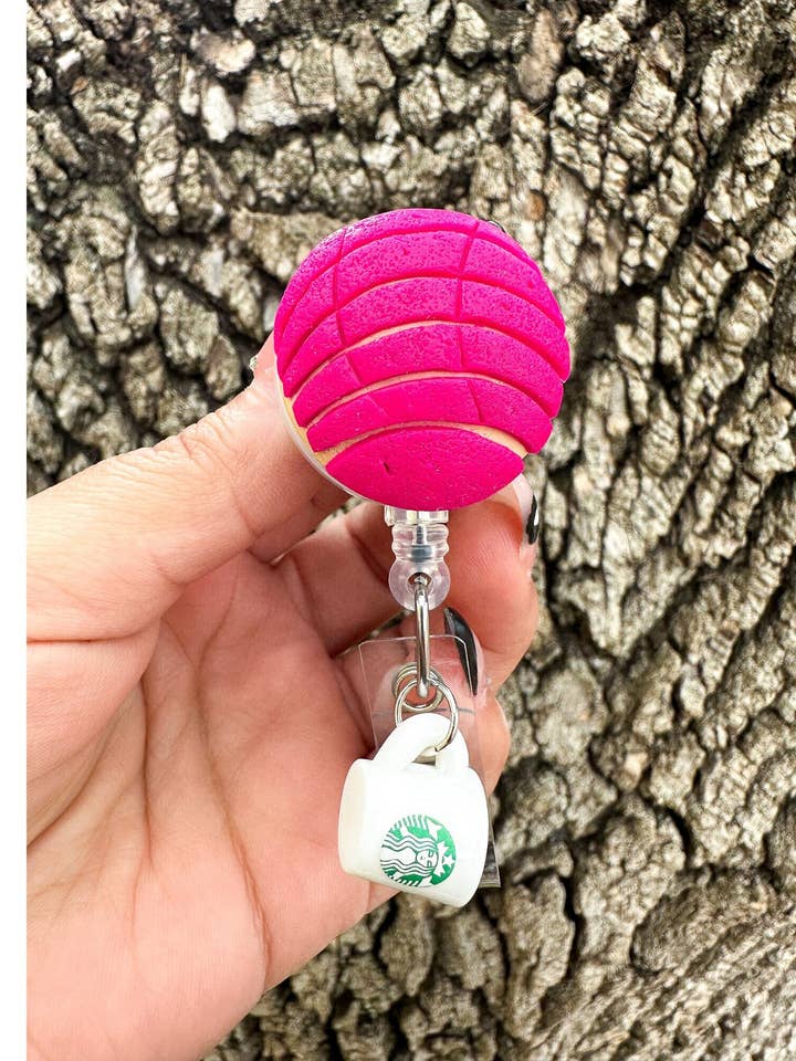 Fuchsia Concha con Cafecito Badge Reel for wholesale by Las Mamukis