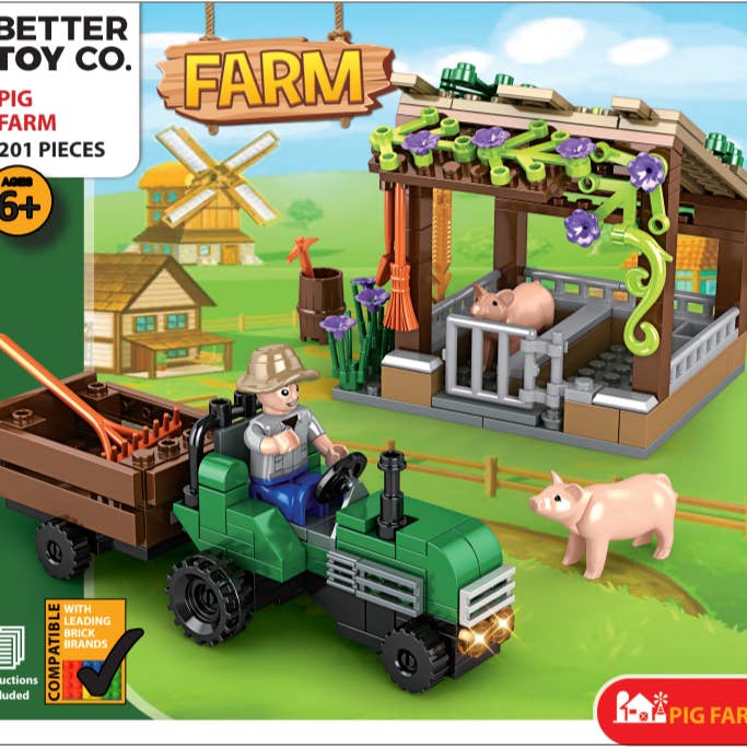 Texas Toy Distribution - Wholesale Building Set - Kids - Pig Farm and Tractor Building Brick Kit (202 pcs)