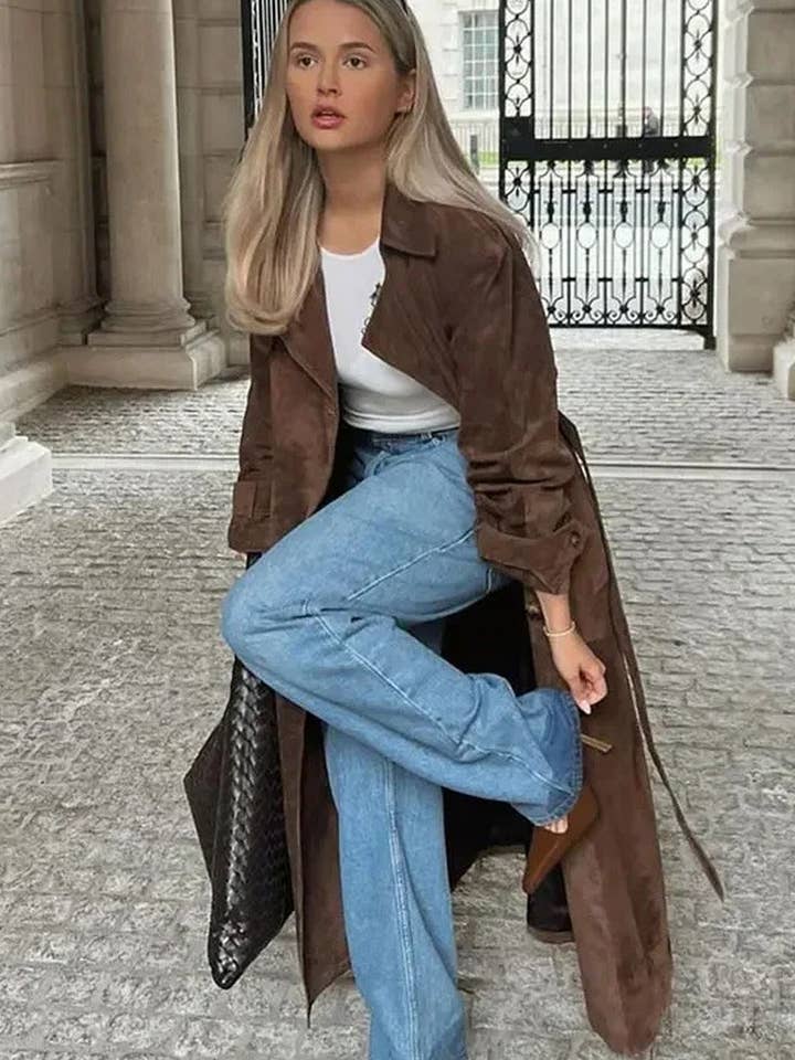 COFFEE CWOCO1075_DOUBLE BREASTED LAPEL FAUX LEATHER LONG COAT for wholesale on Faire7