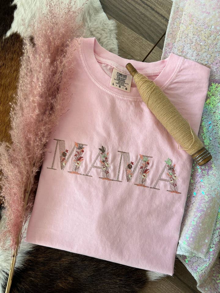 Mama Embroidered Flowers Tee for wholesale by The White Stitch