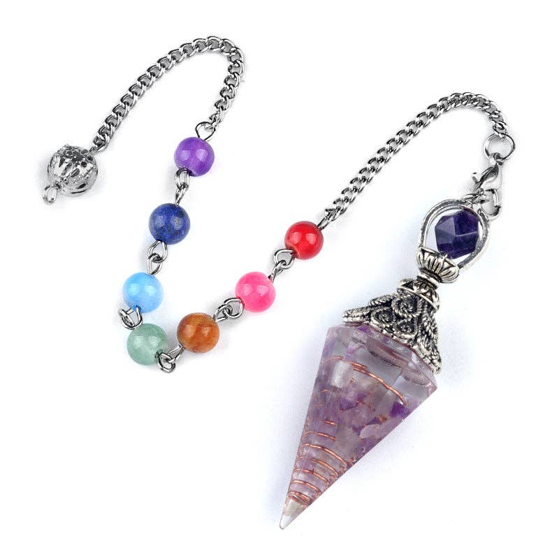 Mio Queena - Wholesale Spiritual Stone/Crystal - Hexagonal Cone Gravel Pendulum with Chakra Chain - CS6