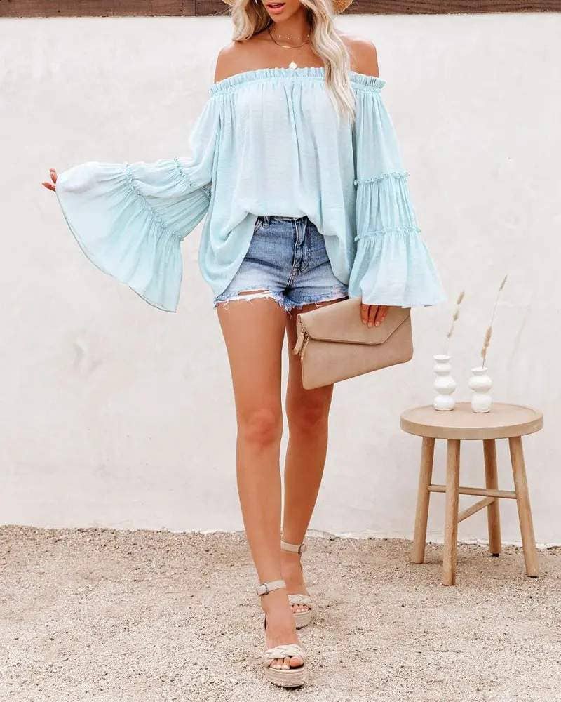 Fashion Combination - Wholesale Blouse - Women's - frill hem off shoulder bell sleeve top6