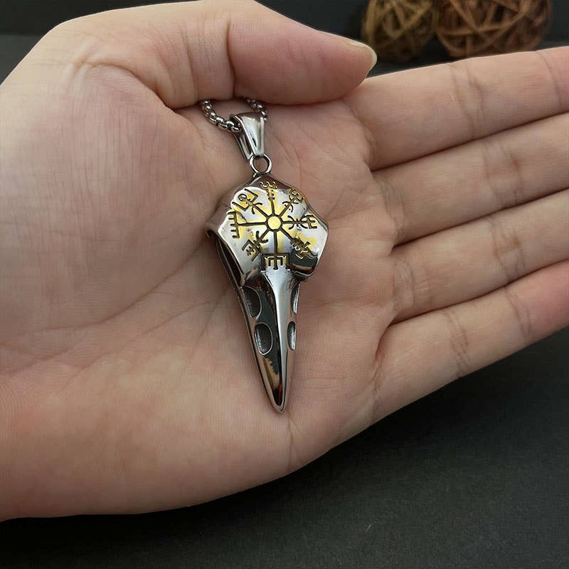 GemMeet - Wholesale Pendant/Charm Necklace - Vintage Viking Raven Head Compass Pendant Necklace2