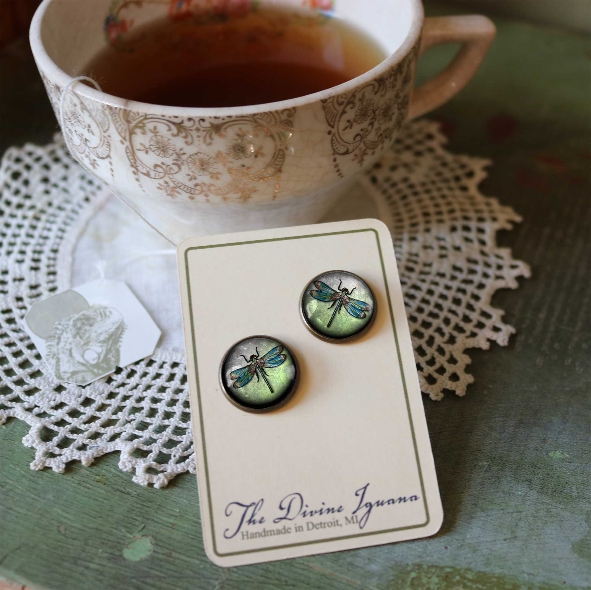 The Divine Iguana - Wholesale Stud/Post Earrings - Dragonfly Vintage Inspired Glass Cabochon Stud Earrings2