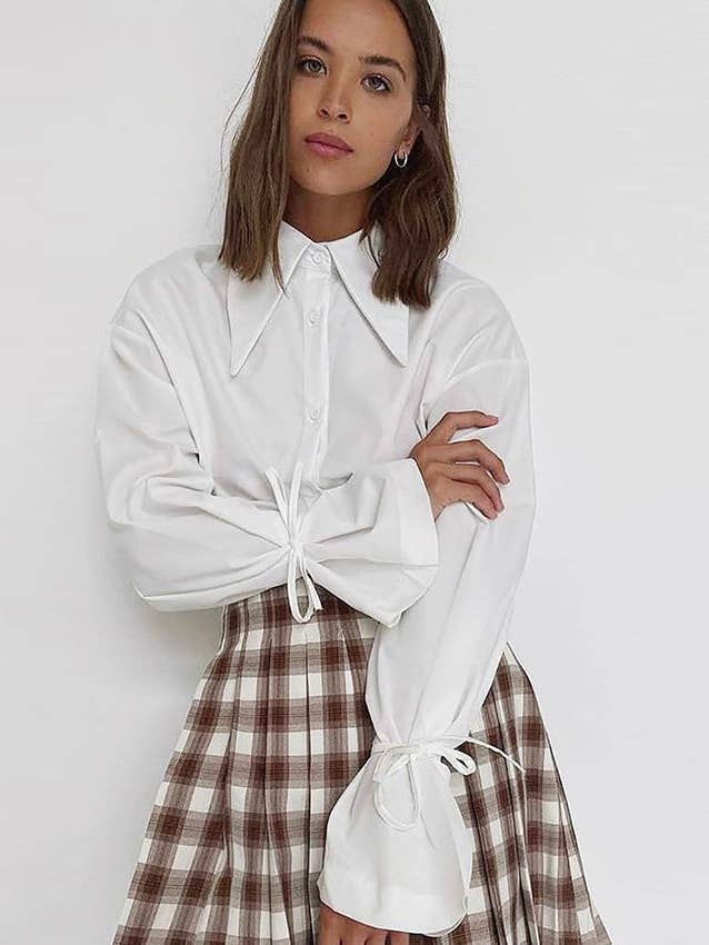 Chemise blanche à manches longues pour femmes, vêtements de printemps et d'été, col pointu, design nœud de bureau, chemise française pour la vente par VividLux