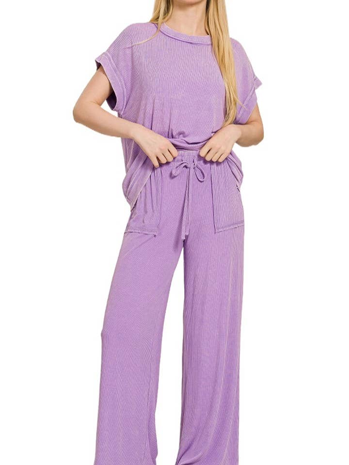 Ribbed Acid Wash Rayon Top N Pants Set for wholesale by Vanilla Monkey