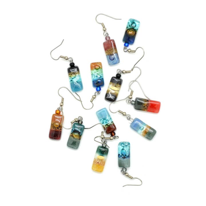 Tiny Rectangle Glass Earrings for wholesale by Dunitz & Company