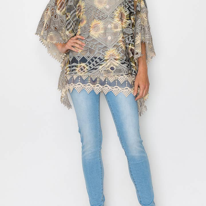 Ornate Crochet Poncho Top With Geometric Embroidered Details -1139 NAT/BK SUN FL for wholesale by Origami Apparel ~ Lace and Crochet inspired