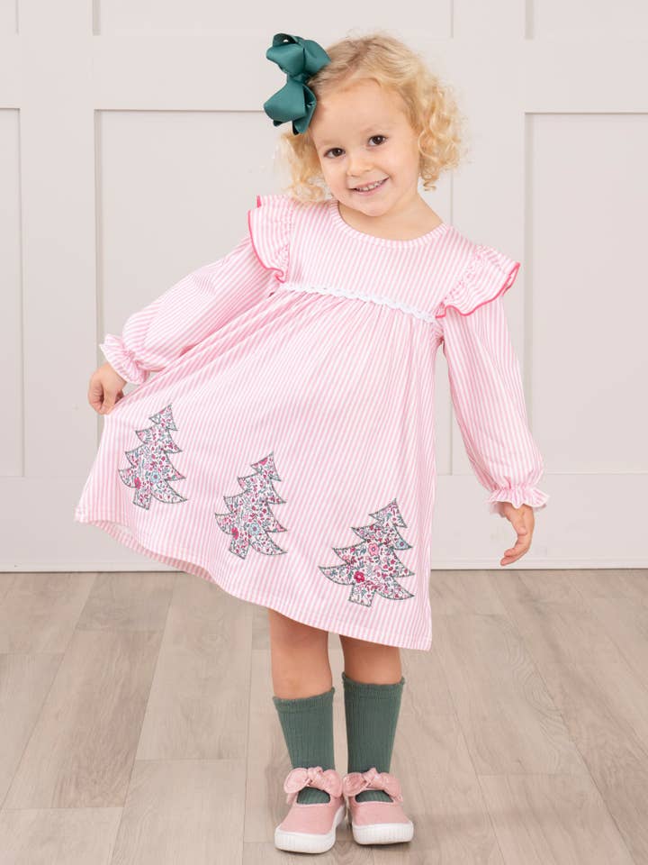 Marie Nicole Clothing - Wholesale Dress - Kids - Pink Striped Embroidered Floral Trees Ruffle Dress