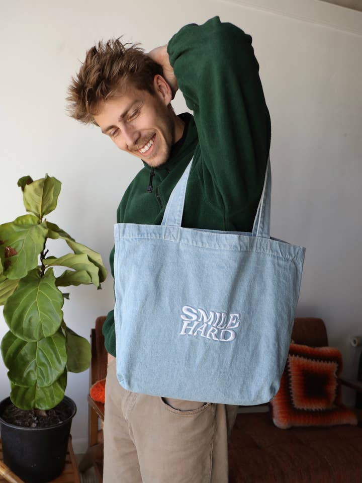 SMILE HARD DENIM TOTE for wholesale by Beaten Path Co