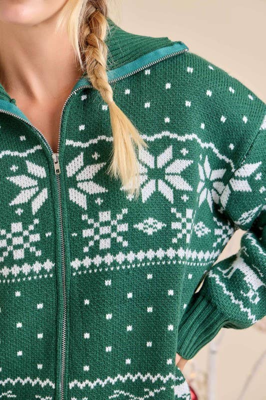 HUNTER GREEN Nordic Zip-Up Holiday Knit Cardigan – Ready to Ship Winter❄ for wholesale on Faire2