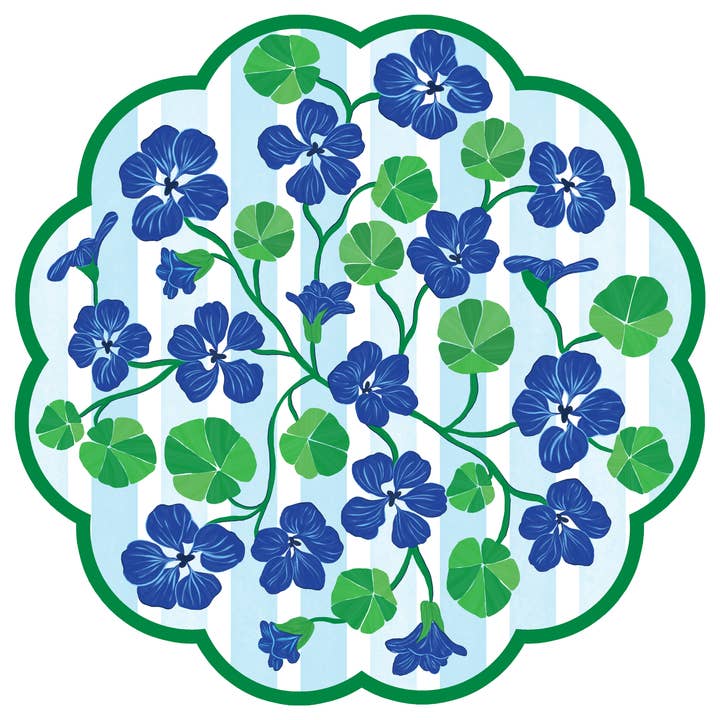 Blue Floral Scalloped Round Paper Placemats | Set of 24 for wholesale by Lucy Grymes Designs