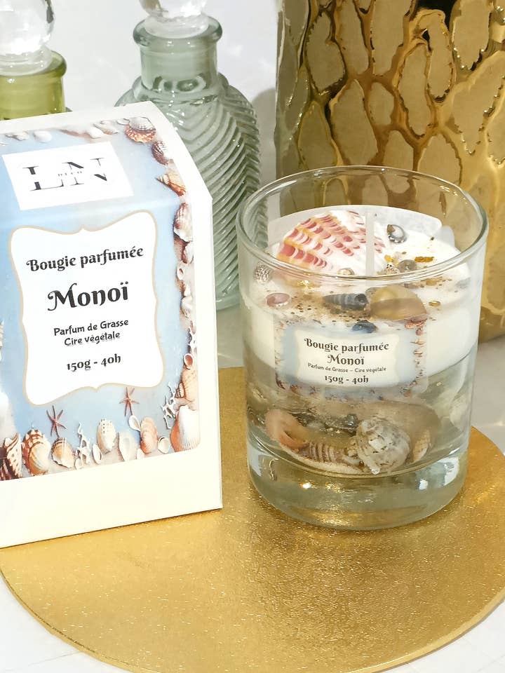 Bougie parfumée Monoï gel cristal et coquillages pour la vente par LNDECO