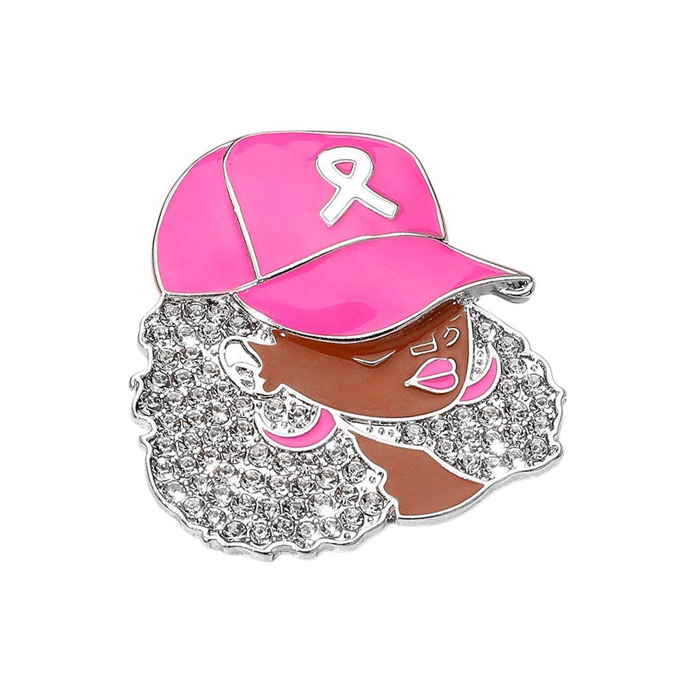 Sensibling Corp. – alfinete de lapela por atacado – Broche de Mulher Afro Fresca com Pedrarias em Forma de Capuz com Fita Rosa de Conscientização8
