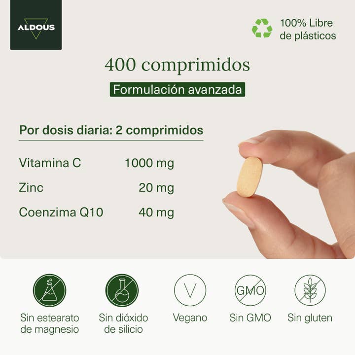 Aldous Bio - Venta al por mayor Suplementos/vitaminas para beber - Vitamina C con Zinc y Q10 Aldous | 400 comprimidos2