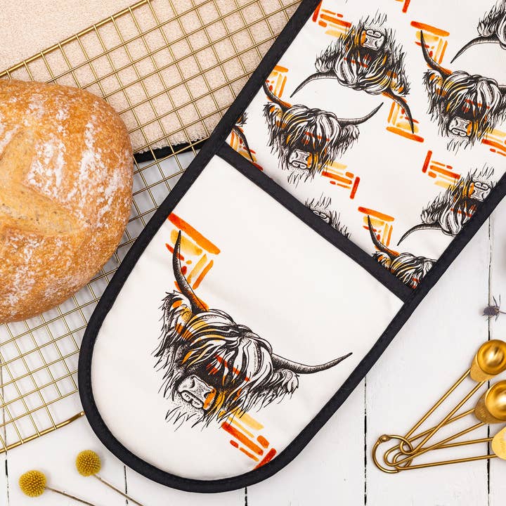Highland Coo Watercolour Oven Glove for wholesale by Sarah Leask Studio