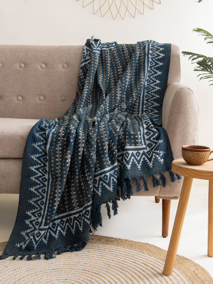 Indigo Blue Stripe Print Throw - Indian Cotton Throw Blanket for wholesale by Artsy Home