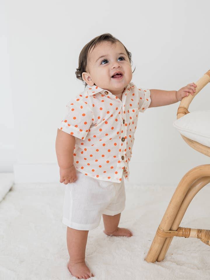 Orange Polka Dot Print Boys Shirt & White Shorts set for wholesale by Yo Baby