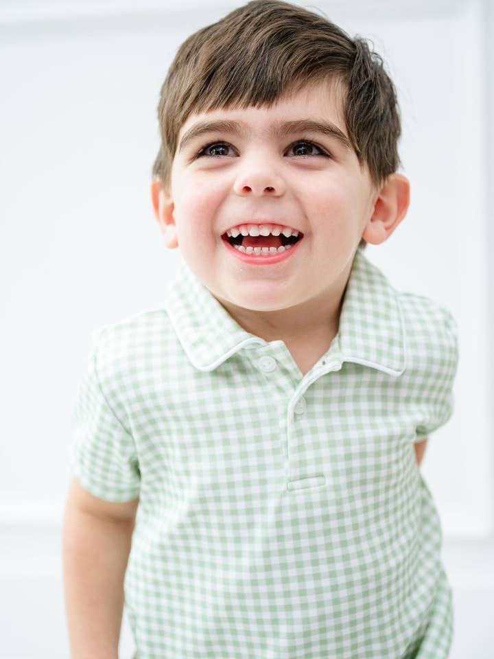 Ruth and Ralph - Wholesale T-Shirt - Kids - Green Gingham Pima Shep Polo