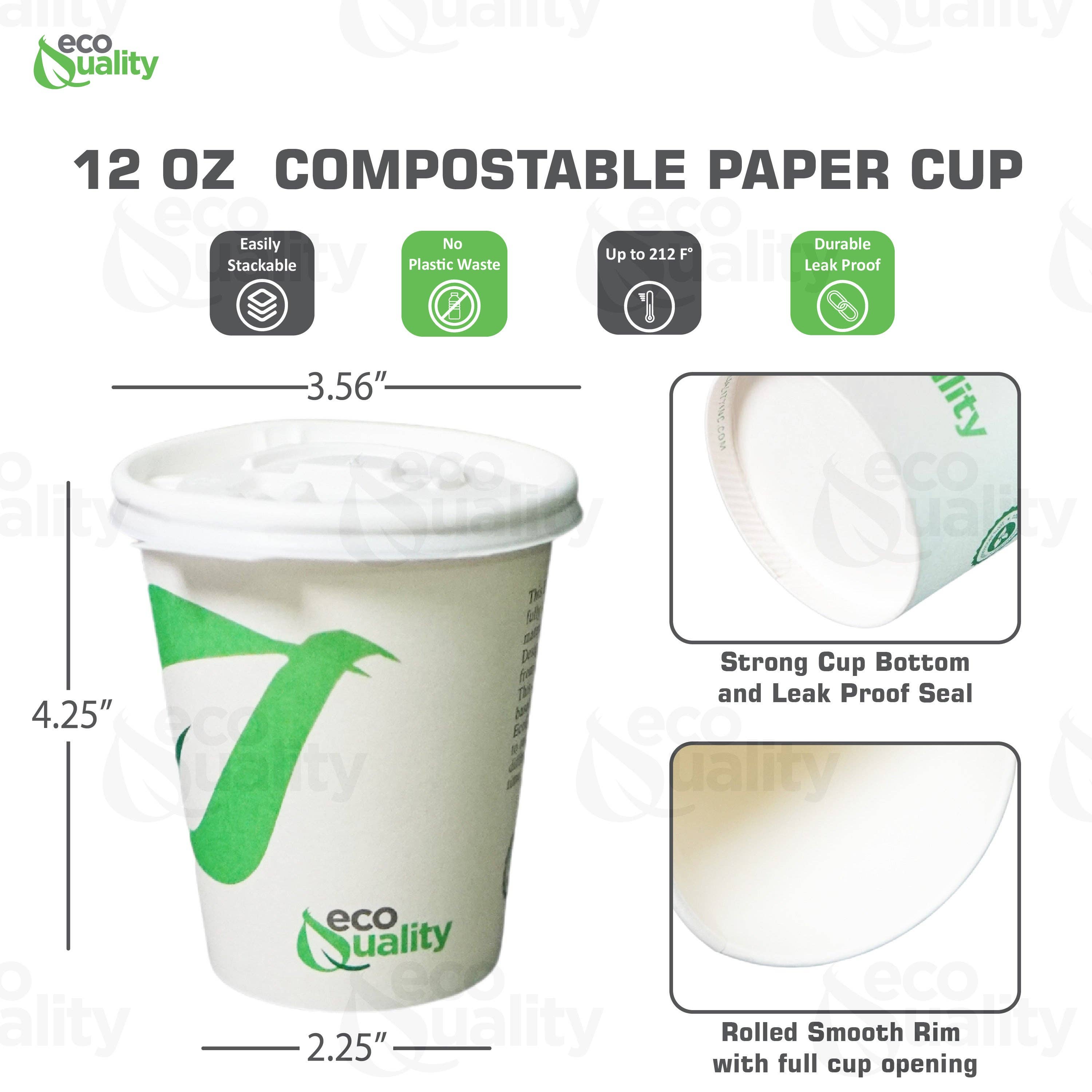 EcoQuality - Wholesale Disposable Cup - 12oz Disposable Compostable Biodegradable White Paper Coffee2