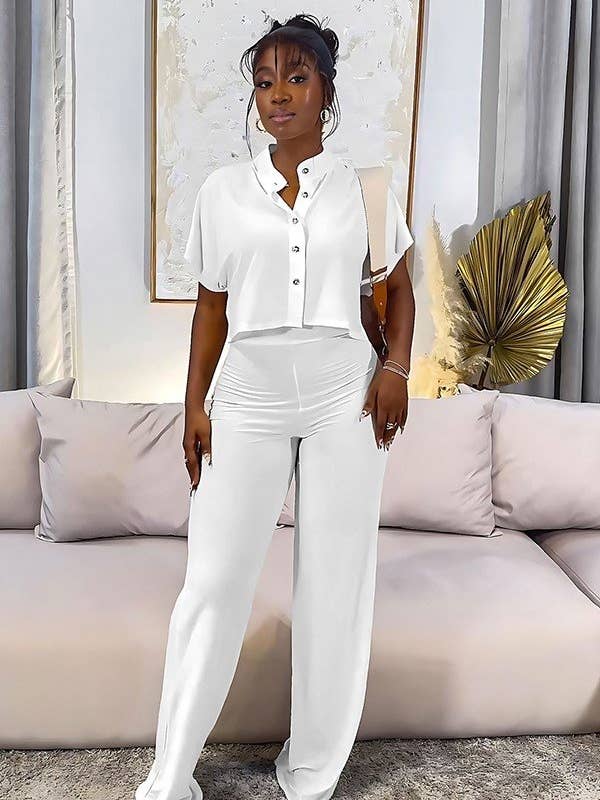 Aria Romance - Wholesale Top & Pant Set (NOT Loungewear) - Women's - Short Cardigan Blouse & Solid Color Straight Leg Trousers: Casual Two-Piece Set