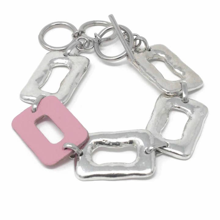 Medium Ring Feature Linked Bracelet Pink Leather Piece for wholesale by Sobo & Co Jewellery