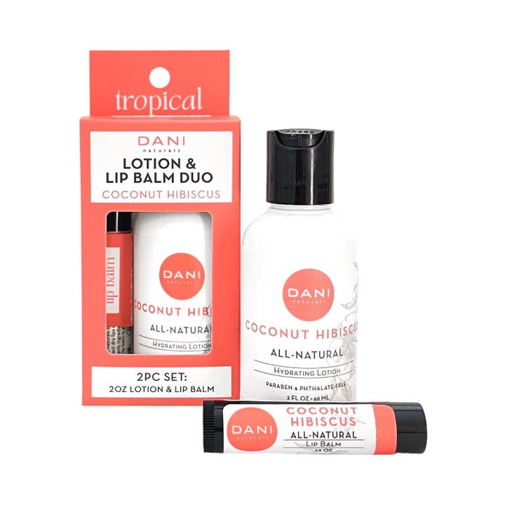 DANI Naturals - Vente Assortiment de baumes à lèvres - Coffret cadeau - Duo de lotion et de baume à lèvres, noix de coco et hibiscus3