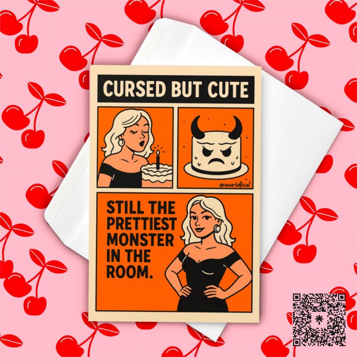 Carte d'anniversaire d'Halloween drôle : Maudit mais mignon : Carte de vœux rétro et effrayante pour la vente par Hot Mess Paper Co.