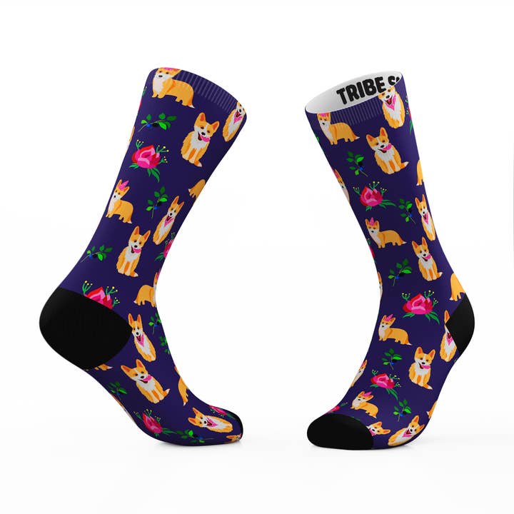 Everything's Coming Up Corgi Socks for wholesale by Tribe Socks