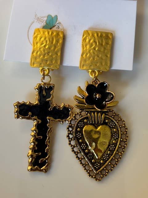 Ex-voto earrings, sacred heart earrings, cross and sacred heart charm, ex-voto pendant, religious ceremony gift for wholesale by Miss DJ Angel