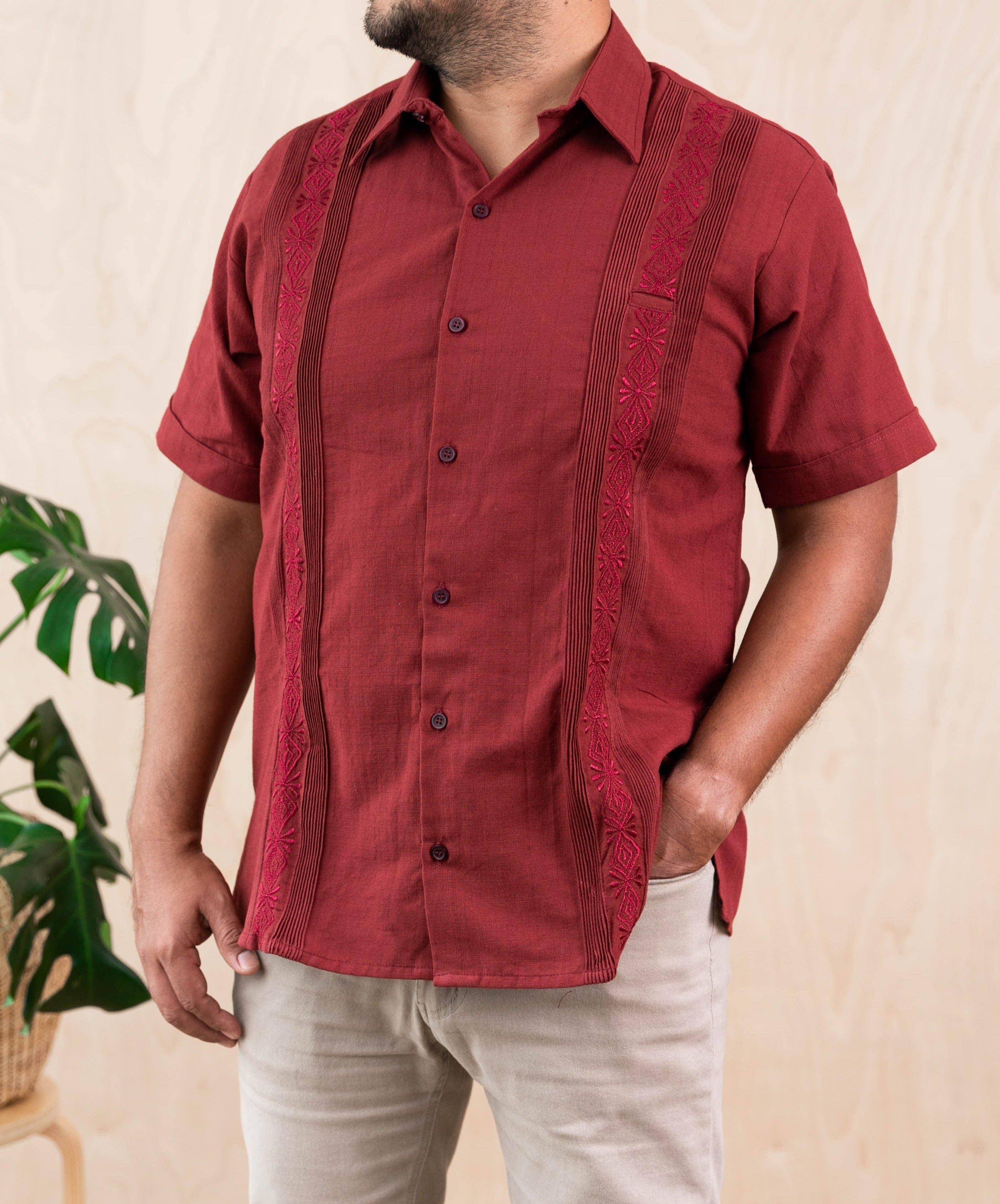 SIDREY - Vente Chemise à col boutonné – homme - Chemise Homme Guayabera Guayamisa mexicaine SIDREY - Bordeaux