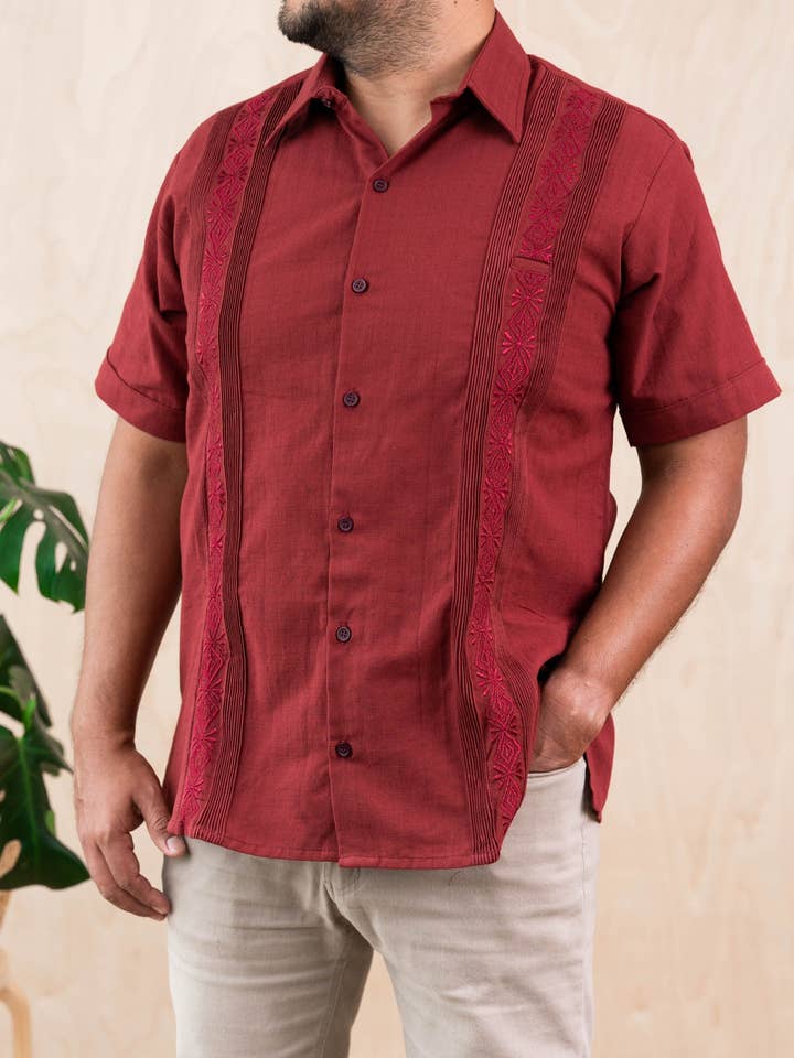 SIDREY - Vente Chemise à col boutonné – homme - Chemise Homme Guayabera Guayamisa mexicaine SIDREY - Bordeaux0