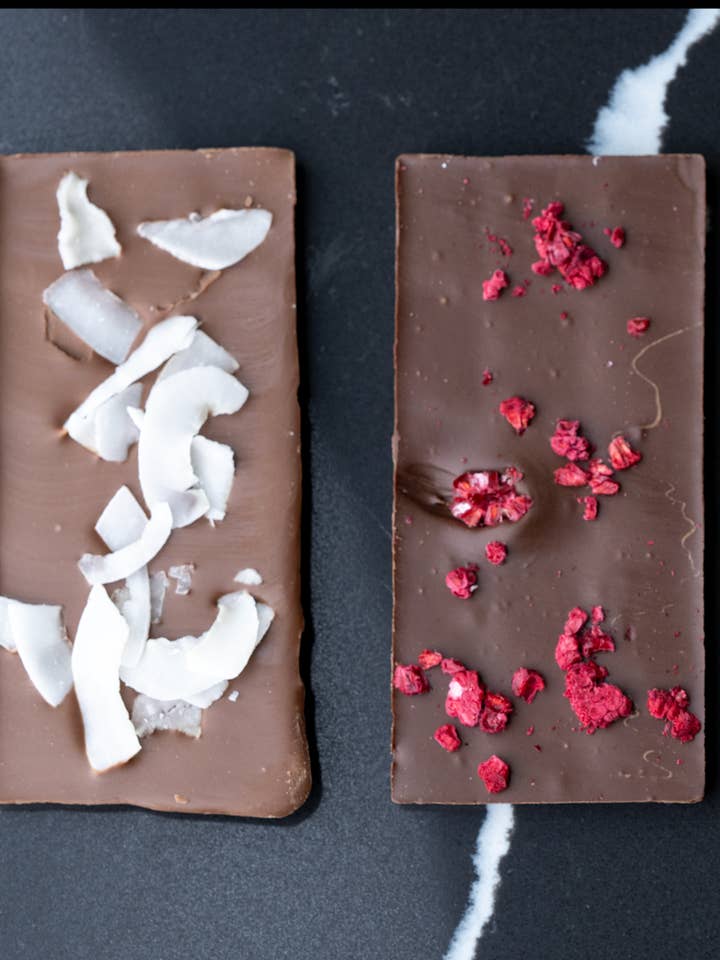 Belgian Chocolate with Dried Strawberries & Dried Coconut, for wholesale by FD Love Chocolate